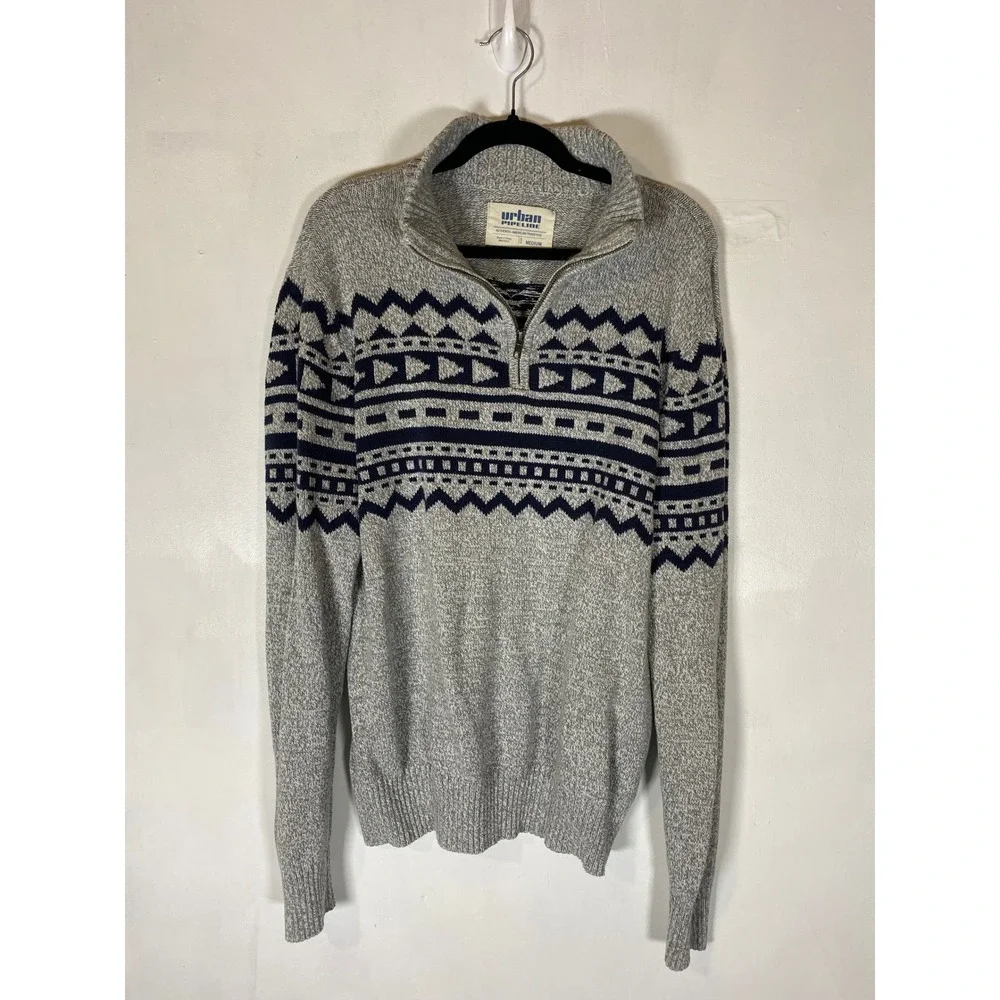 Urban Pipeline Nordic Quarter Zip Sweater Gray Fair Isle Cotton Blend Medium